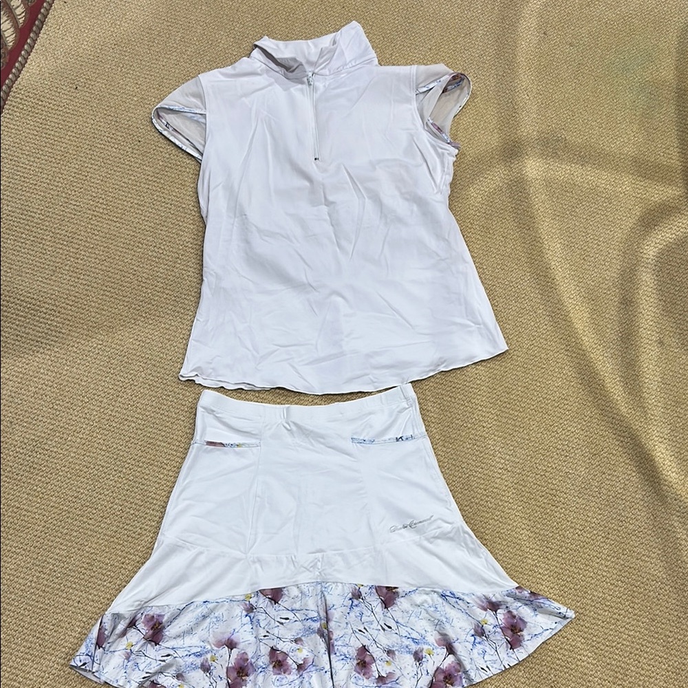 White Sleeveless Top and Skirt Set with Floral Hem ,set of 4 ,3 tops 1 skirt